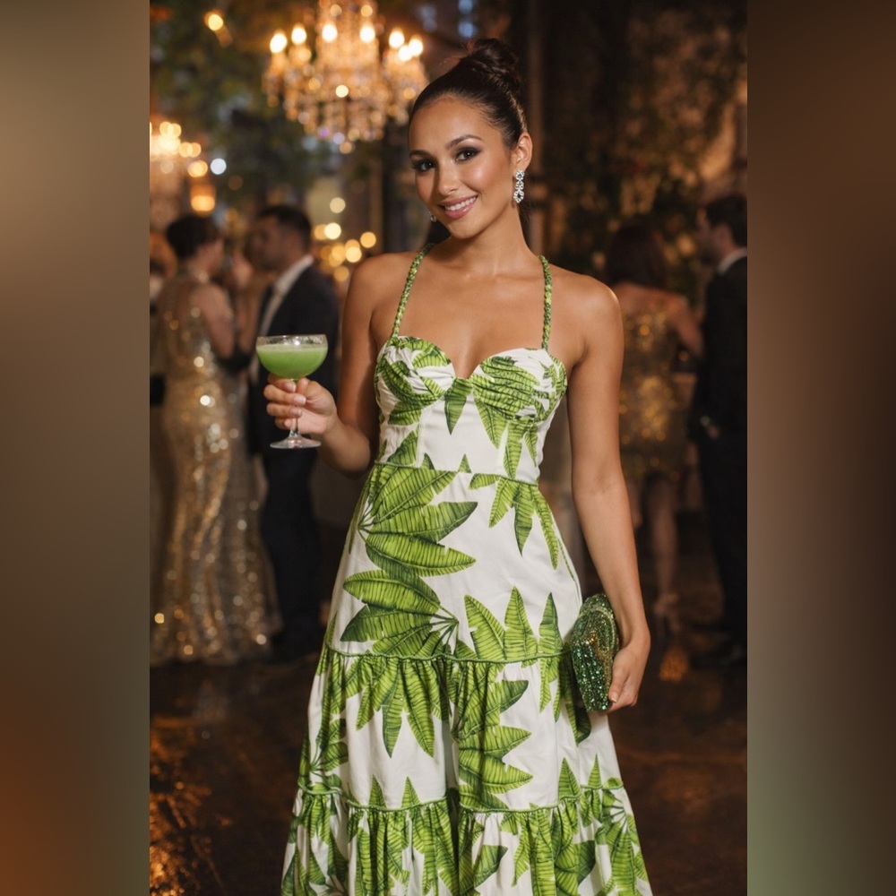 FARM Rio Green and White Tiered Midi Sundress
